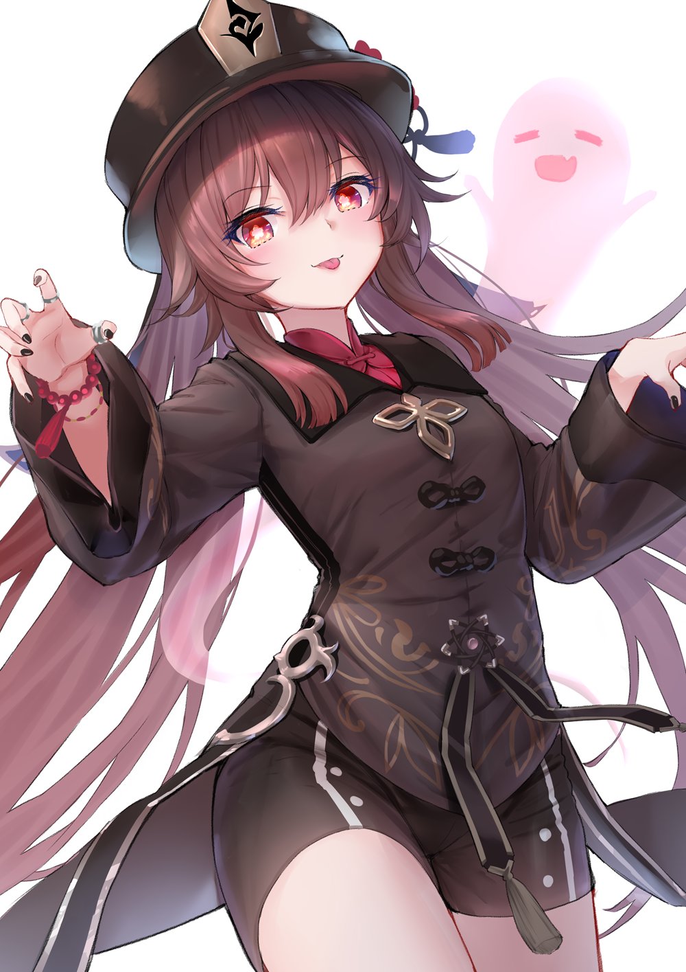 1girl, bangs, black_headwear, black_nails, black_shorts, brooch, brown_hair, claw_pose