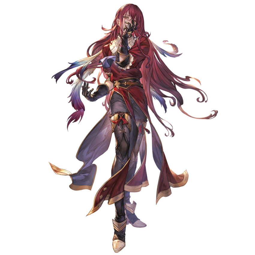 1boy, aoidos, belt, black_gloves, clenched_teeth, coat, coattails, feathers, flower, full_body, gloves, granblue_fantasy, hair_between_eyes, high_heels, long_hair, looking_at_viewer, male_focus, minaba_hideo, official_art, orange_eyes, pink_hair, red_coat, sleeve_cuffs, solo, teeth, transparent_background, treble_clef, very_long_hair