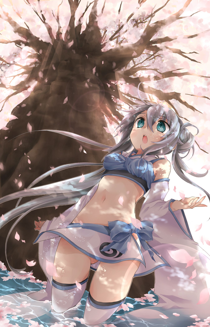 bare_shoulders, cherry_blossoms, detached_sleeves, double_bun, long_hair, looking_up, midriff, mijinkouka