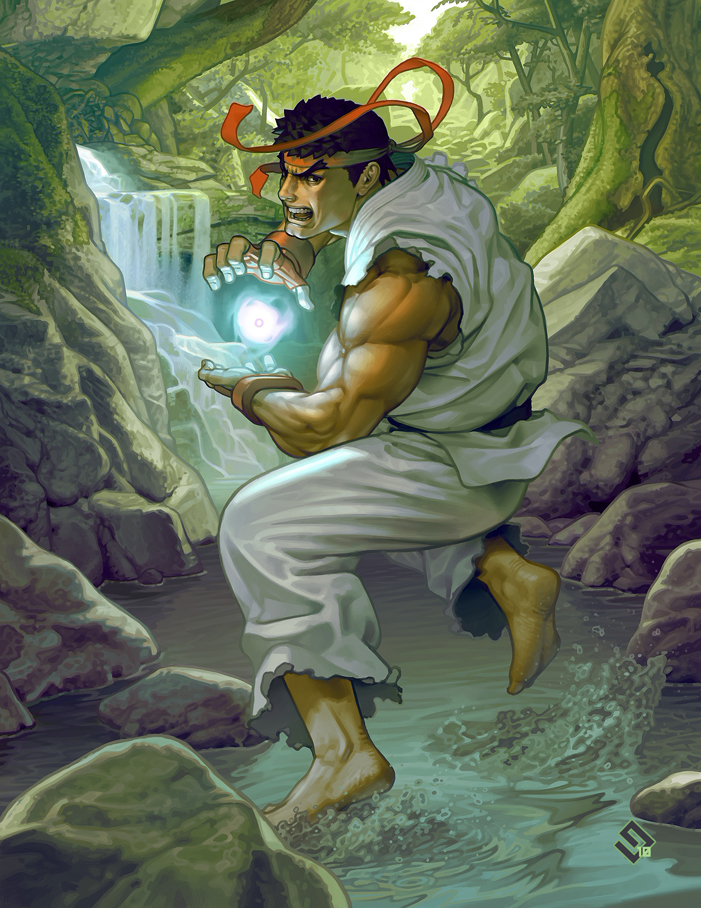 barefoot, belt, black_eyes, black_hair, dougi, energy_ball, fingerless_gloves, forest