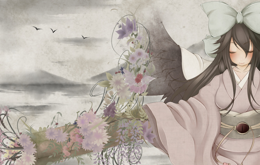 black_hair, blush, closed_eyes, flower, highres, japanese_clothes, kimono, reiuji_utsuho
