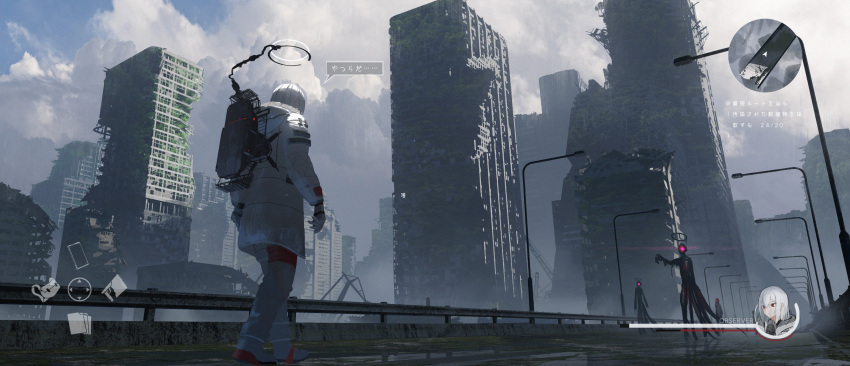 1girl, 6+others, absurdres, asteroid_ill, building, clouds, cloudy_sky, coat, fake_screenshot, full_body, gloves, guard_rail, heads-up_display, health_bar, highres, lamppost, long_sleeves, mechanical_halo, minimap, monster, multiple_others, observer_(asteroid_ill), original, outdoors, road, sky, standing, street, walking, white_coat, white_gloves, white_hair