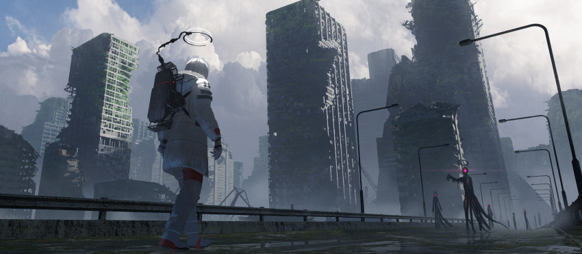 1girl, 6+others, absurdres, asteroid_ill, building, clouds, cloudy_sky, coat