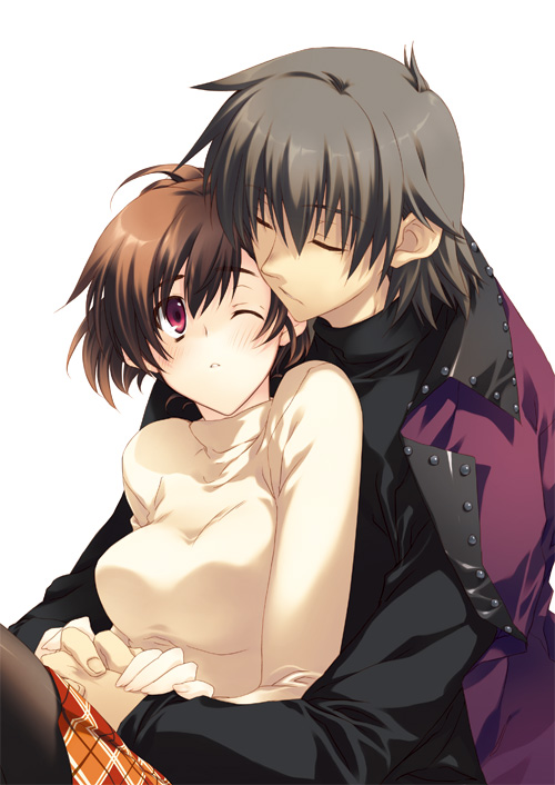1girl, aragaki_shinjirou, back_hug, blush, brown_hair, closed_eyes, couple, female_protagonist_(persona_3)