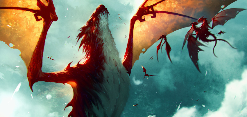 absurdres, claws, day, dragon, flying, fur, highres, kalmahul