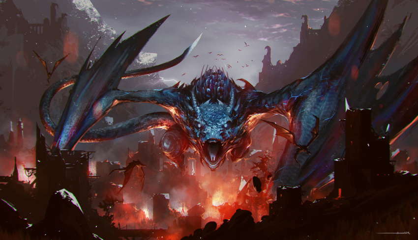 absurdres, animal, bird, black_sclera, colored_sclera, dragon, english_commentary, fire