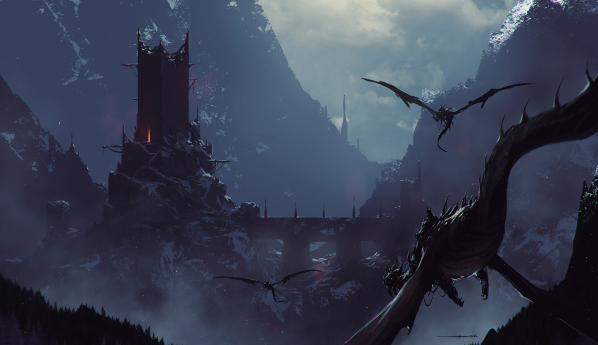 3others, absurdres, bridge, cirith_ungol, clouds, cloudy_sky, creature, fellbeast, flying, forest, from_behind, highres, kalmahul, legendarium, mountain, multiple_others, nature, nazgul, outdoors, riding, ruins, sky, snow, stairs, the_lord_of_the_rings, tower, tree, wings