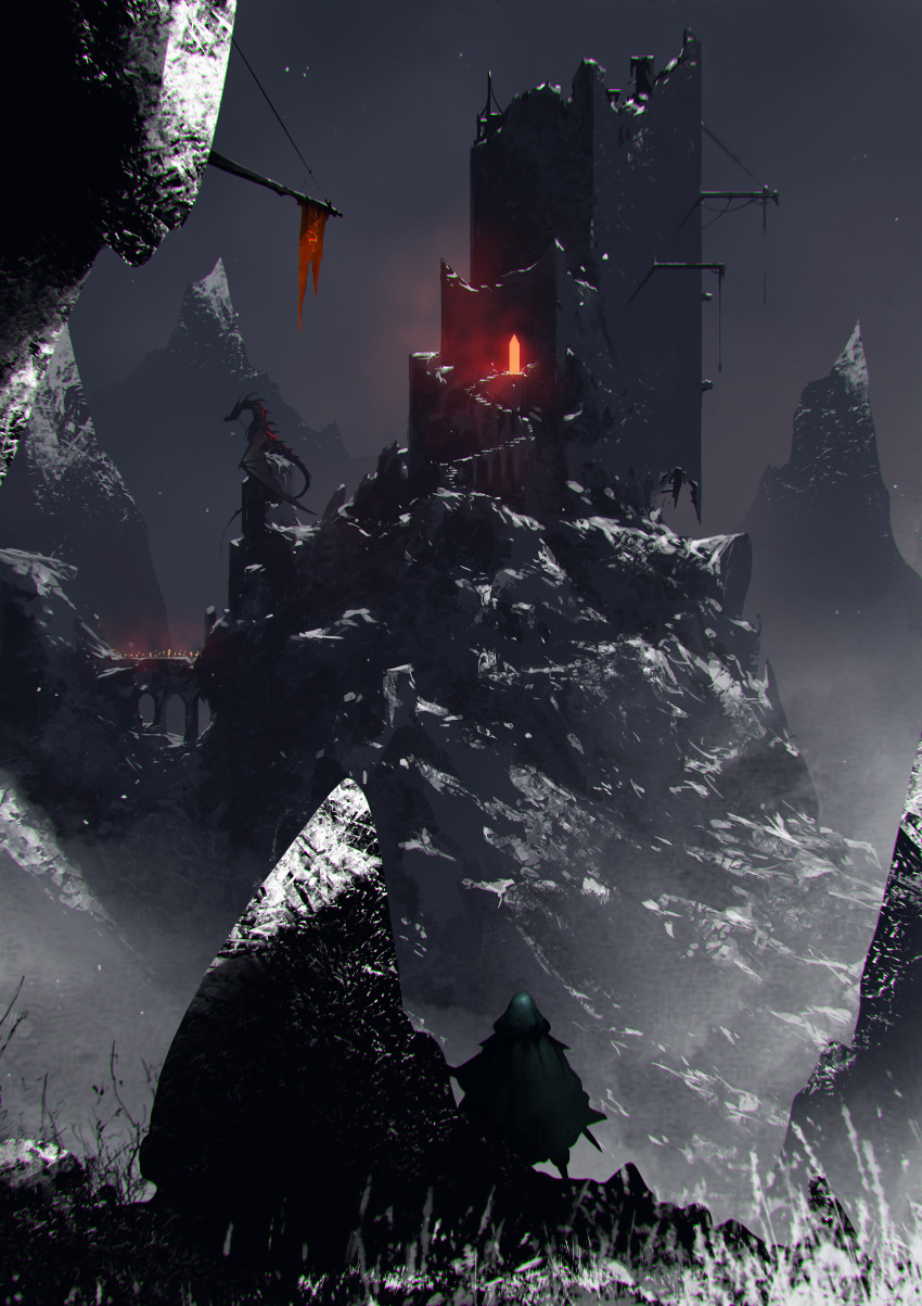 1boy, absurdres, bridge, cape, cirith_ungol, dragon, fire, fog, from_behind, grass, highres, holding, holding_sword, holding_weapon, hood, hood_up, hooded_cape, kalmahul, legendarium, light, ruins, samwise_gamgee, scenery, snow, snowing, sword, the_lord_of_the_rings, torch, tower, weapon, wings