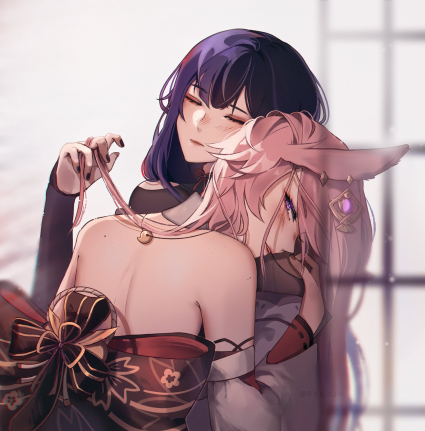 2girls, absurdres, blush, closed_eyes, closed_mouth, commentary_request, ex1l1um, eyebrows_visible_through_hair