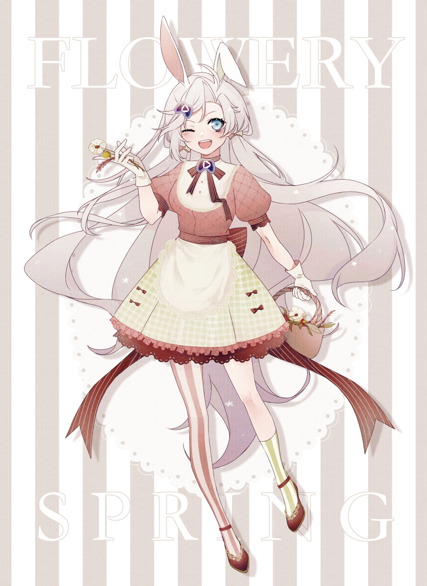 1girl, 3pm, absurdres, animal_ears, apron, basket, blue_eyes, breasts, brown_shirt, controller_hair_ornament, flower, gloves, green_skirt, hair_ornament, highres, holding, holding_basket, holding_flower, kemonomimi_mode, long_hair, medium_breasts, obake_pam, one_eye_closed, playasia, rabbit_ears, rabbit_girl, shirt, single_leg_pantyhose, skirt, solo, symbol-only_commentary, very_long_hair, virtual_youtuber, white_gloves