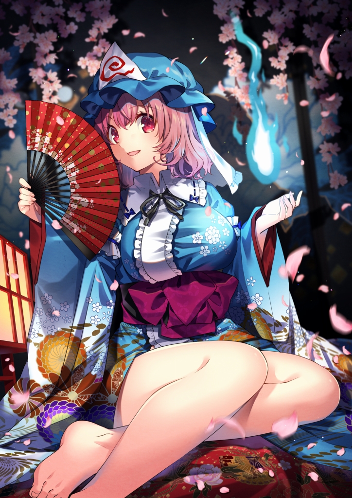 1girl, :d, arm_garter, arm_up, barefoot, blue_headwear, blue_kimono, breasts