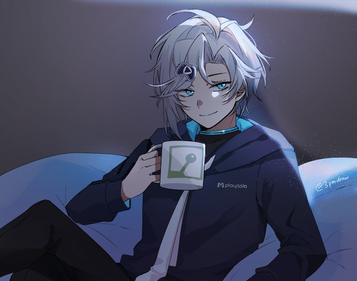 1boy, 3pm, backlighting, black_pants, black_shirt, blue_choker, blue_hair, blue_hoodie