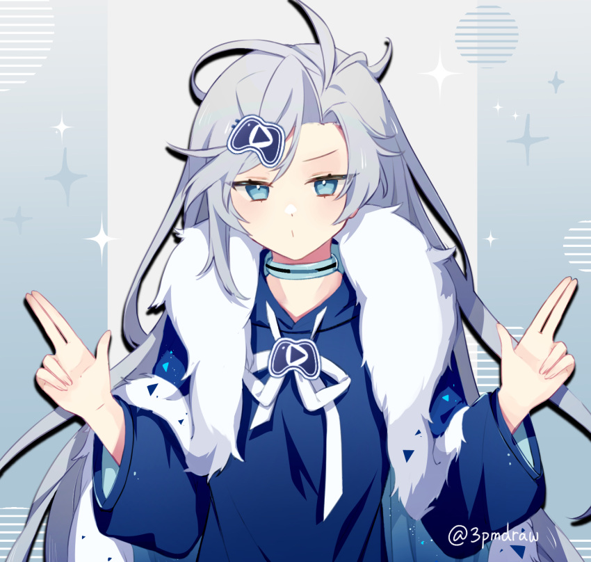 1girl, 3pm, bangs, blue_cape, blue_choker, blue_eyes, blue_hoodie, cape