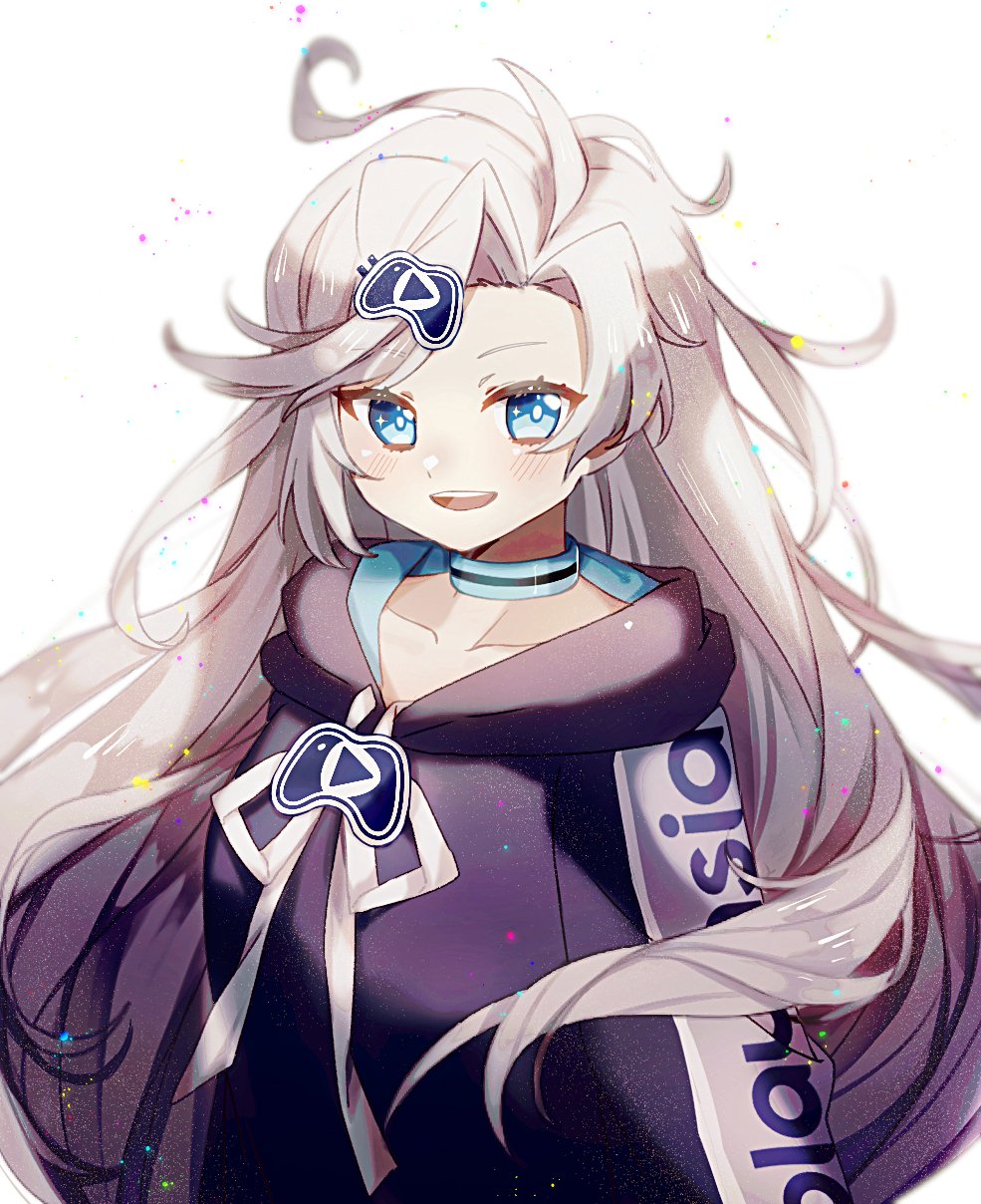 1girl, 3pm, blue_choker, blue_hoodie, blush, breasts, choker, collarbone
