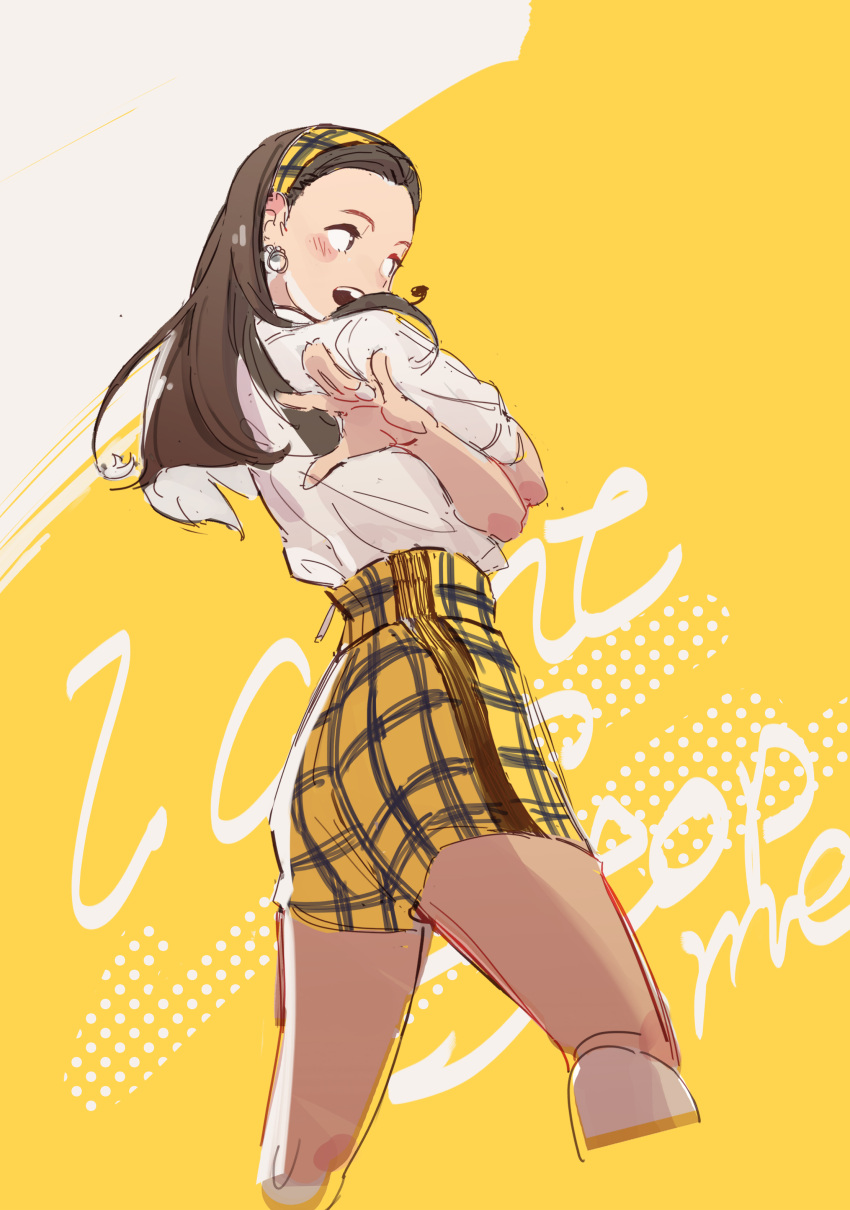 1girl, absurdres, black_hair, blush, brown_eyes, brown_hair, collared_shirt, earrings