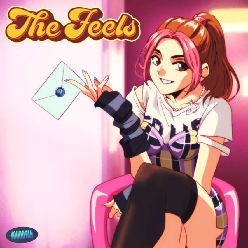 1990s_(style), 1girl, animification, bangs, blue_nails, brown_eyes, brown_hair, clothing_cutout