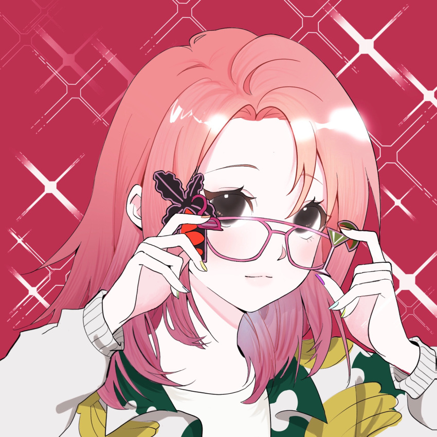 1girl, animification, black_eyes, blue_nails, chaeyoung_(twice), collared_shirt, glasses, hair_behind_ear