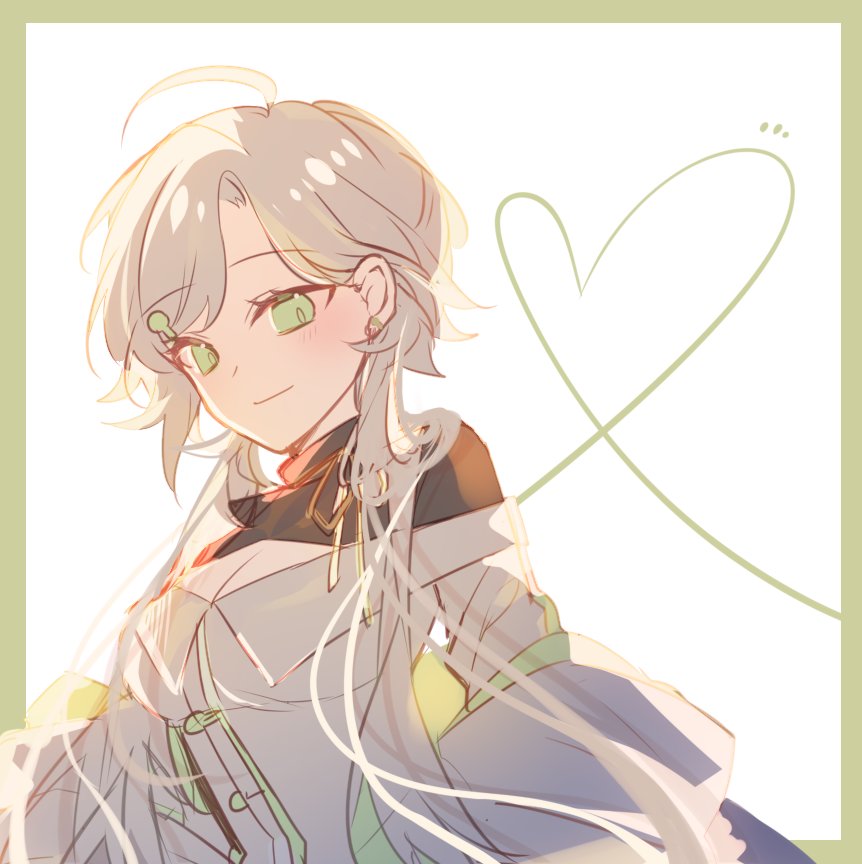 1girl, aka_mana, blush, border, cleavage_cutout, clothing_cutout, english_commentary, green_border, grey_hair, hair_behind_ear, hair_ornament, heart, jacket, long_hair, looking_down, off_shoulder, playasia, second-party_source, sketch, smile, solo, very_long_hair, virtual_youtuber, white_background, white_jacket
