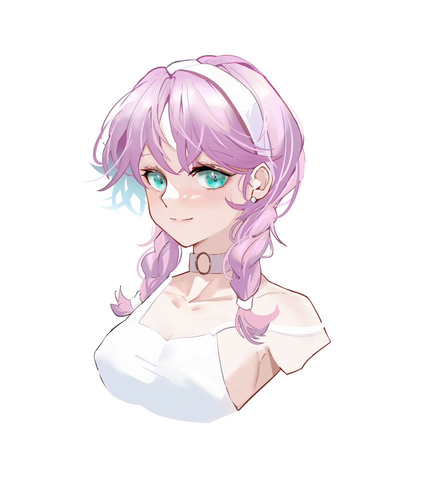1girl, absurdres, aqua_eyes, arknights, bangs, bare_shoulders, blue_poison_(arknights), blush, braid, breasts, choker, closed_mouth, collarbone, earrings, eyebrows_visible_through_hair, hairband, highres, ifi_(1158029887), jewelry, long_hair, looking_at_viewer, medium_breasts, o-ring, o-ring_choker, pink_hair, portrait, sideboob, simple_background, smile, solo, strap_slip, twin_braids, white_background, white_choker, white_hairband