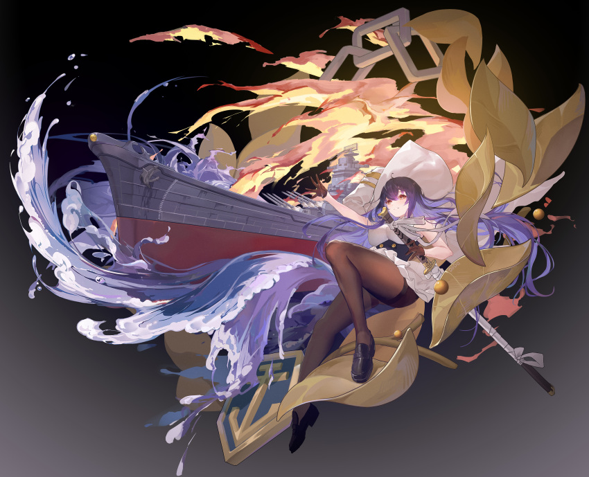 1girl, absurdres, anchor, artillery, artist_name, azuma_(azur_lane), azur_lane, bare_shoulders, black_footwear, breasts, brown_gloves, brown_legwear, chrysanthemum, coat, coat_on_shoulders, dodo1996, emblem, fire, flower, full_body, gloves, gradient, gradient_background, hair_between_eyes, half_gloves, highres, large_breasts, long_hair, orange_eyes, outstretched_arm, pantyhose, purple_hair, ribbon, sheath, sheathed, ship, shoes, simple_background, skirt, solo, thighband_pantyhose, turret, underbust, very_long_hair, water, watercraft, white_coat, white_ribbon, white_skirt, world_of_warships