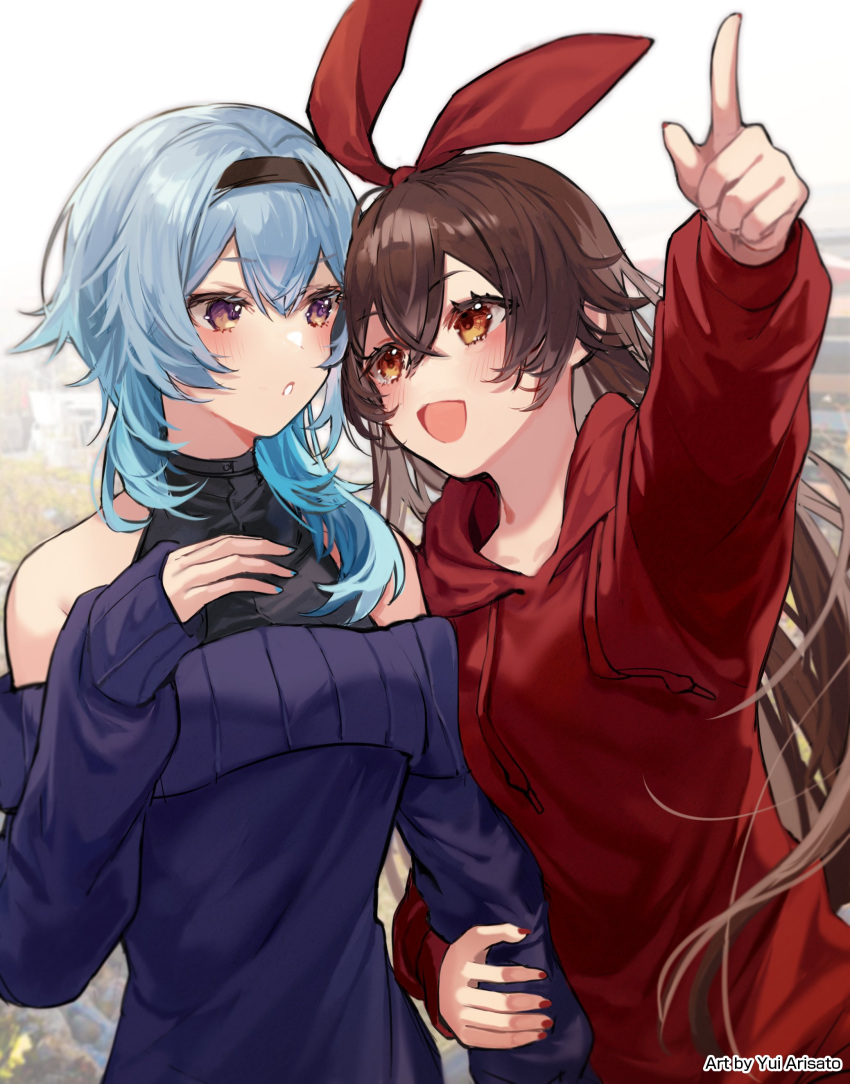 2girls, absurdres, amber_(genshin_impact), arisato_yui, arm_grab, artist_name, bangs, bare_shoulders