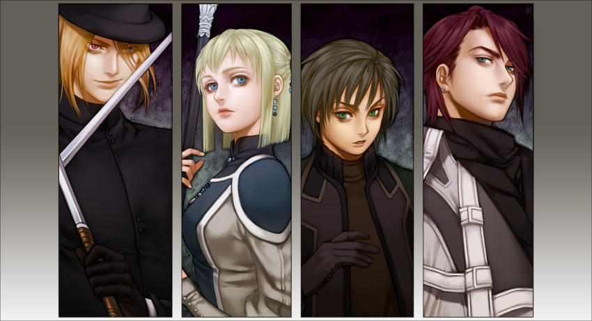 3boys, black_hair, blonde_hair, blue_eyes, bodysuit, character_request, earrings, female, green_eyes, hat, jacket, male, red_eyes, redhead, sarah_(suikoden), short_hair, staff, suikoden, suikoden_iii, sword, yi_i-02, yuber
