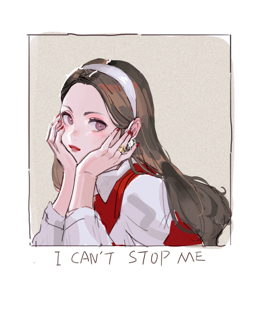 1girl, absurdres, animification, blush, border, brown_hair, commentary, eyeshadow