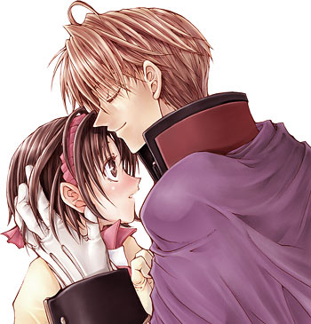 blush, brown_eyes, brown_hair, camus_(suikoden), cape, couple, closed_eyes, female