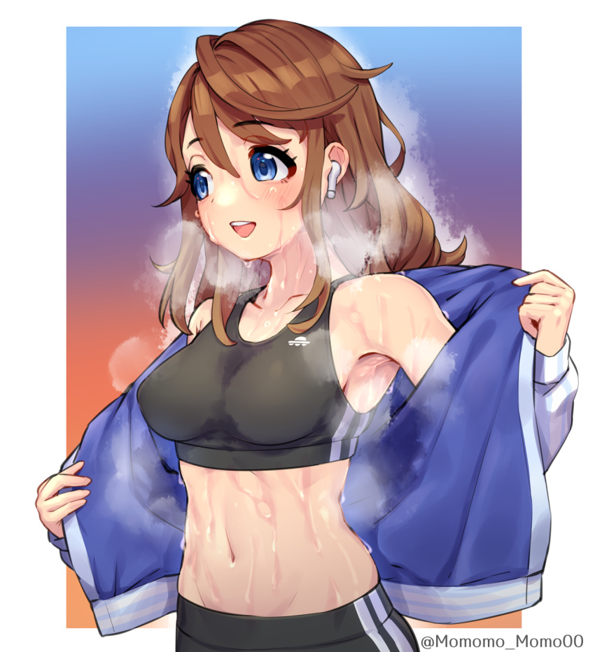 1girl, armpits, black_sports_bra, blue_eyes, blue_jacket, brown_hair, earphones, earphones