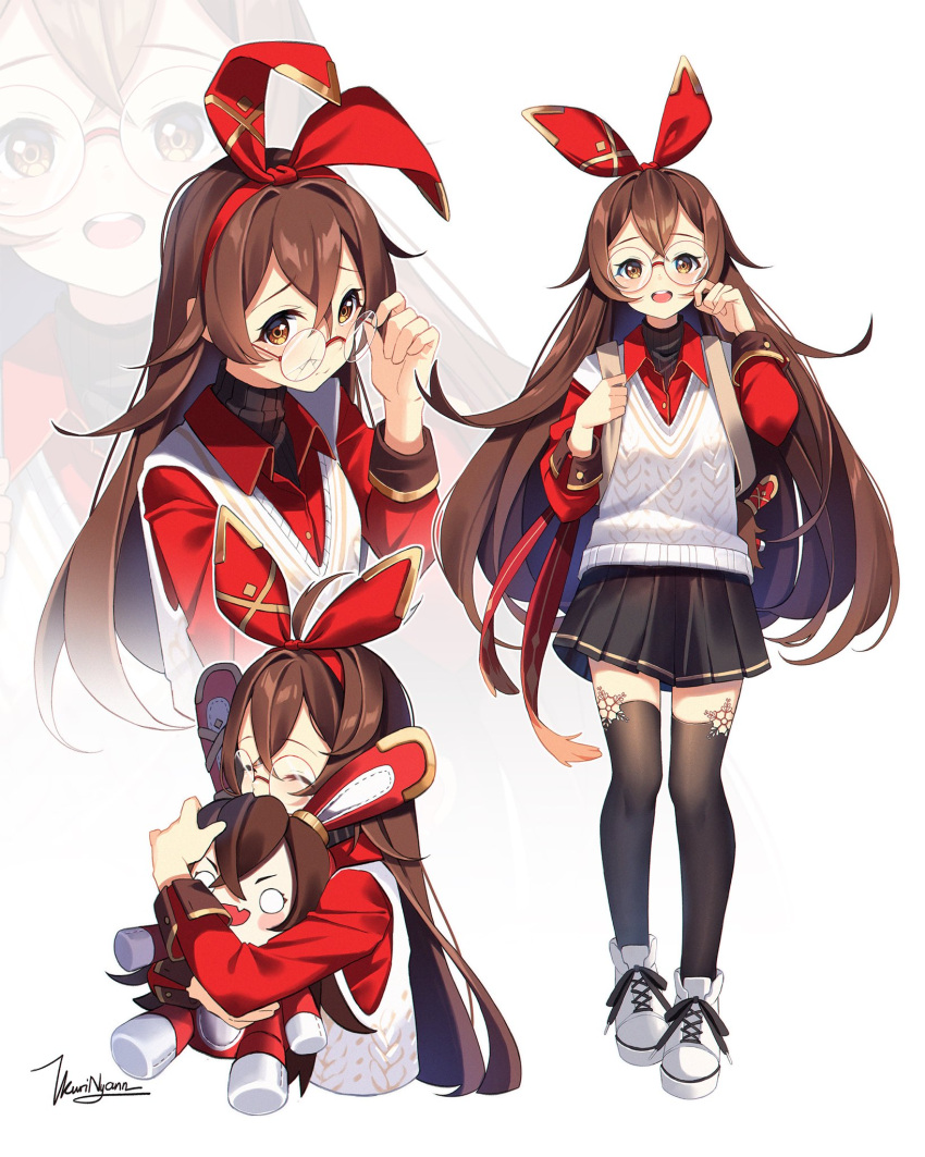 1girl, adjusting_eyewear, amber_(genshin_impact), bangs, baron_bunny_(genshin_impact), black_legwear, black_skirt, blush