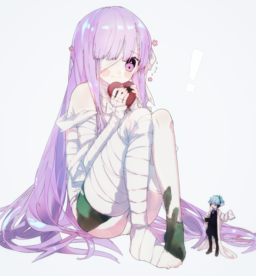 1boy, 1girl, bandage_over_one_eye, bandaged_arm, bandaged_head, bandaged_leg, bandages, bangs