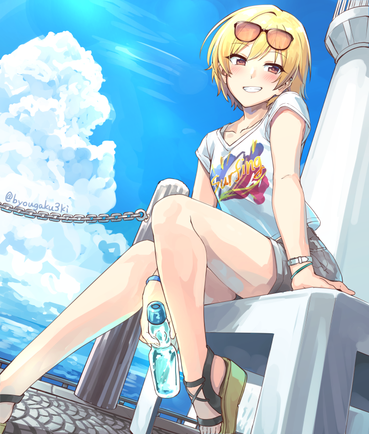 1girl, bangs, blonde_hair, blue_sky, blush, bottle, brown_eyes, byougaku