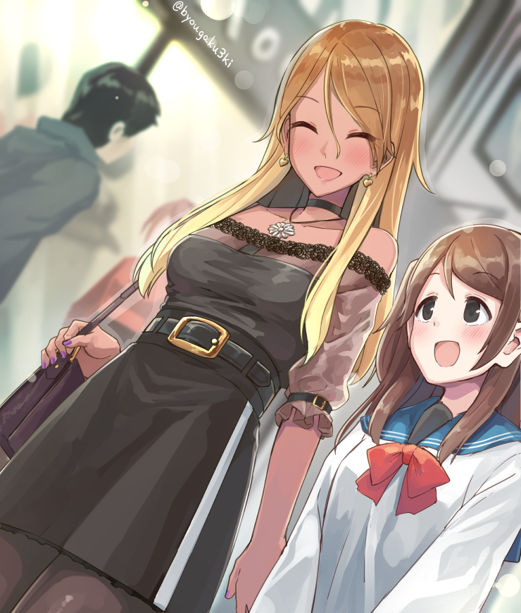 2girls, :d, bag, black_choker, black_dress, blonde_hair, blue_sailor_collar, blurry