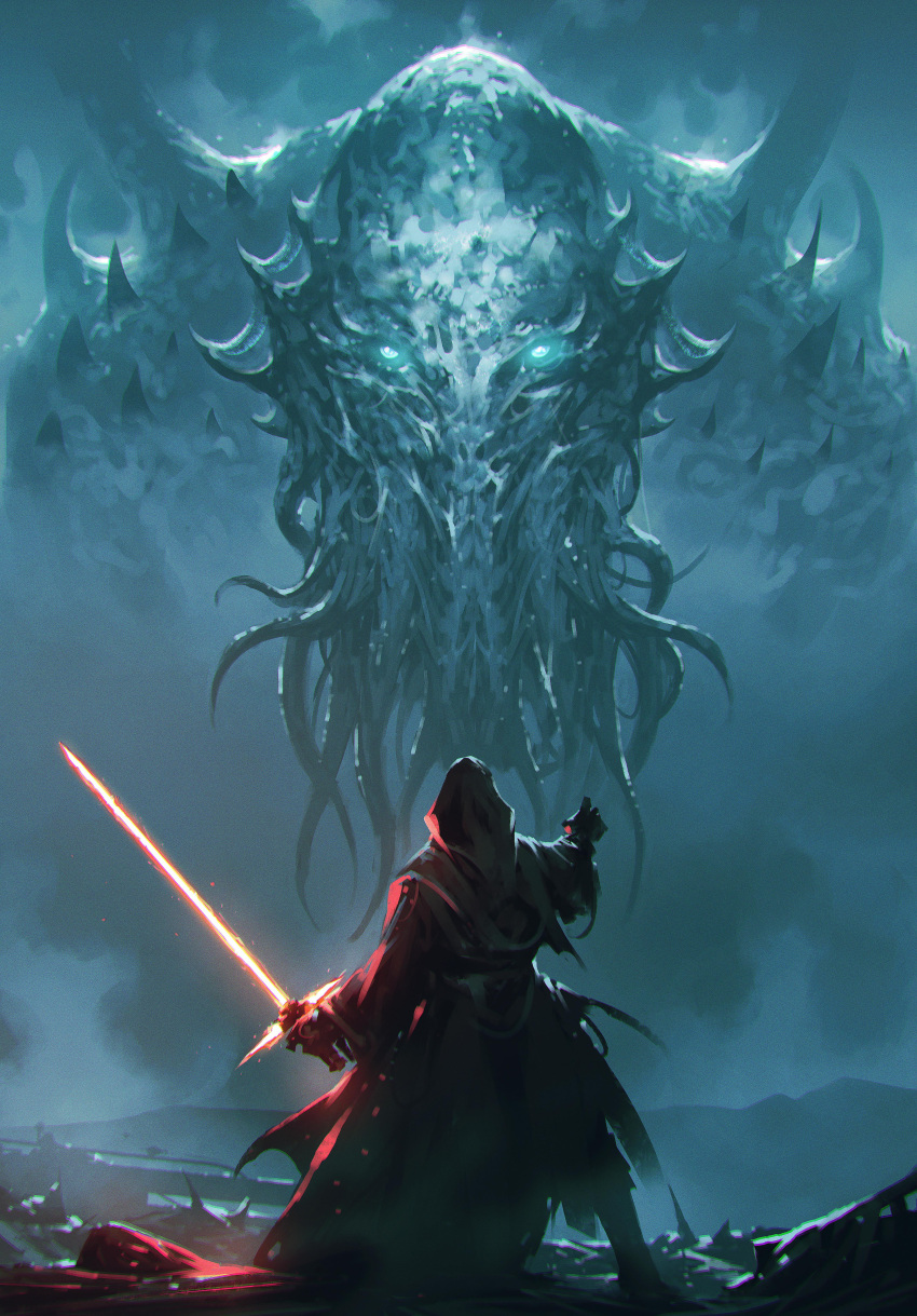 1boy, absurdres, commentary, cthulhu, cthulhu_mythos, energy_sword, english_commentary, facing_away, fog, from_behind, gloves, glowing, glowing_eyes, highres, hood, hood_up, kalmahul, kylo_ren, leaning_back, lightsaber, looking_at_another, red_lightsaber, robe, size_difference, star_wars, sword, tentacles, weapon