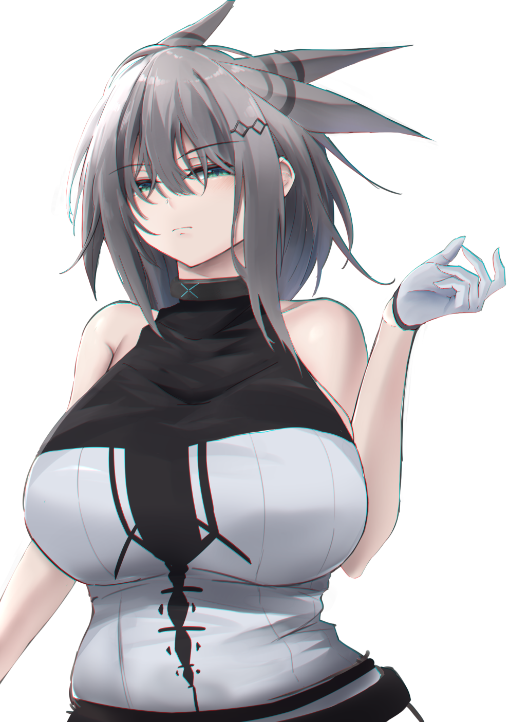 1girl, arknights, bangs, bare_shoulders, black_choker, breasts, choker, commentary