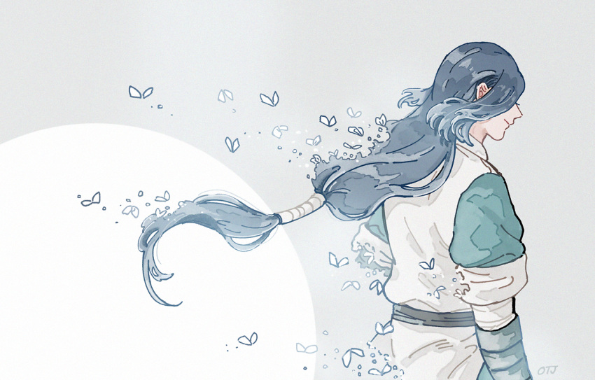 1boy, bug, butterfly, dissolving, long_hair, low-tied_long_hair, otjmohu, profile