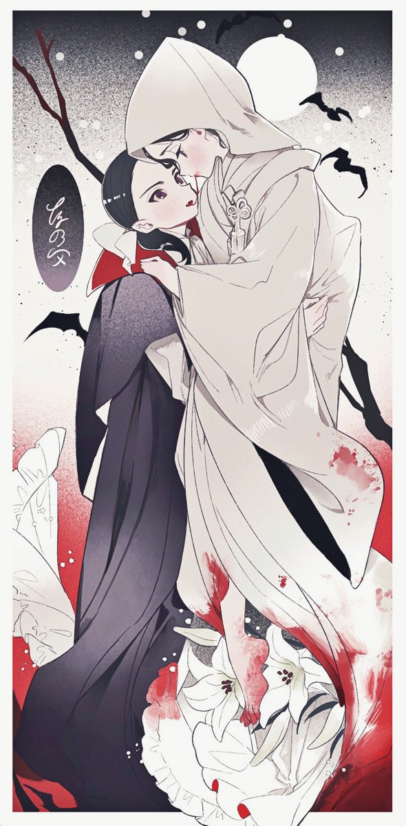 2girls, bare_tree, bat, black_cape, black_hair, blood, blood_on_clothes, bow