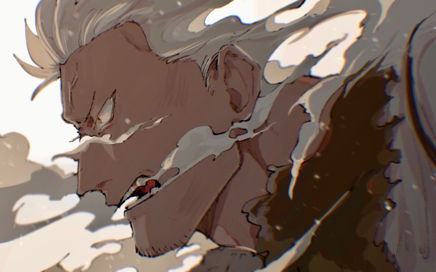 1boy, dissolving, facial_hair, from_side, fur_trim, hair_slicked_back, highres, kabane_(rjev8385), one_piece, open_mouth, short_hair, smoke, smoker_(one_piece), solo, white_hair