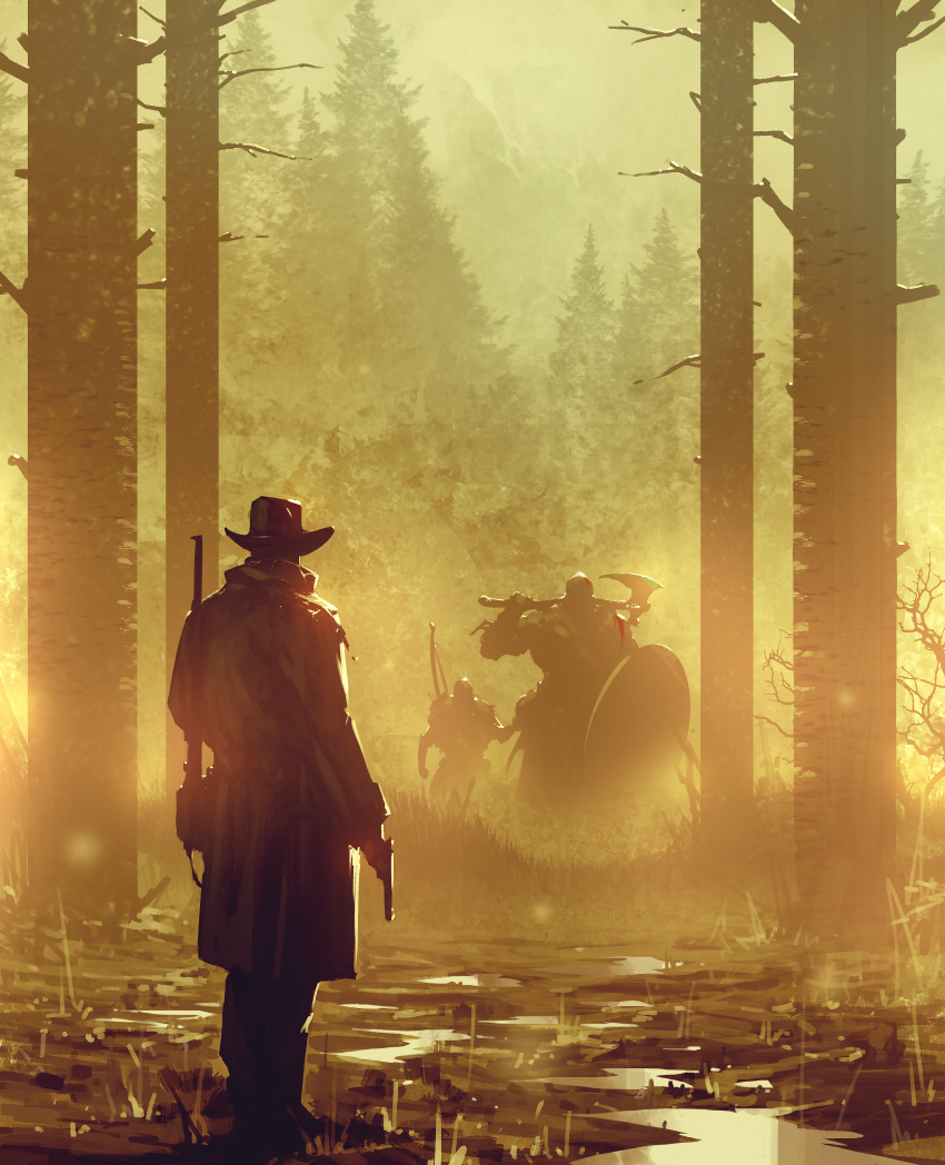 3boys, absurdres, atreus, axe, bow_(weapon), coat, cowboy_hat, cowboy_shot, crossover, facing_away, from_behind, god_of_war, gun, handgun, hat, highres, holding, holding_axe, holding_gun, holding_shield, holding_weapon, kalmahul, knight, kratos, male_focus, multiple_boys, over_shoulder, pants, pistol, quiver, red_dead_redemption, sepia, shield, shiny, standing, tree, water, weapon, weapon_over_shoulder