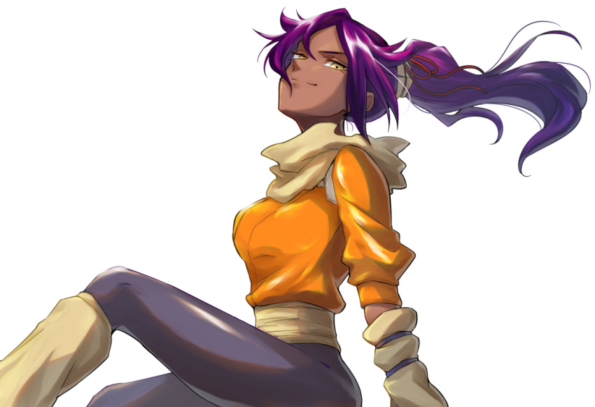 1girl, black_pants, bleach, brown_scarf, dark-skinned_female, dark_skin, looking_at_viewer, looking_to_the_side