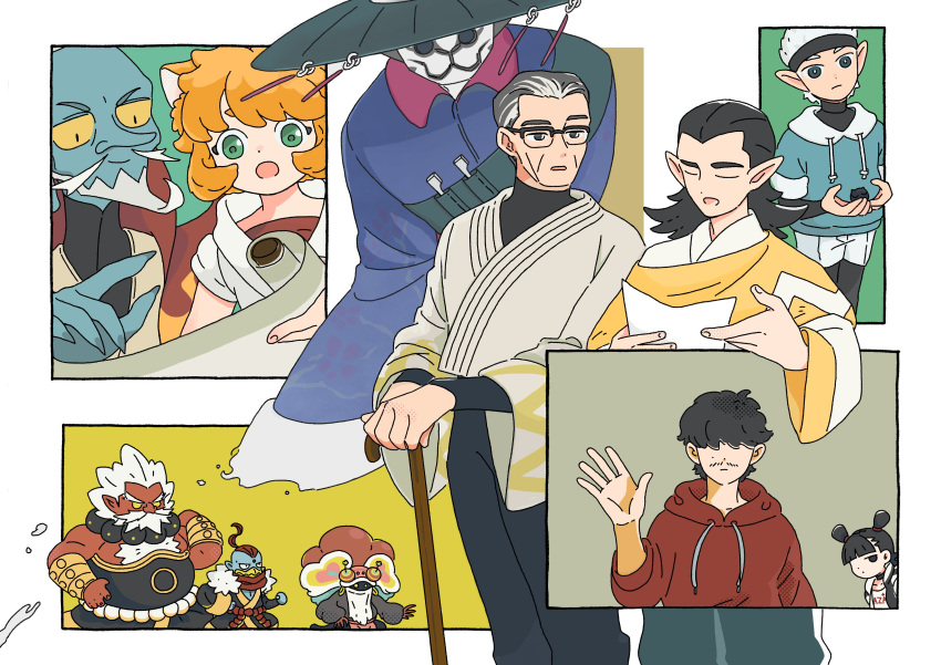 1girl, 6+boys, absurdres, animal_ears, aqua_skin, bangs, beard, black_hair