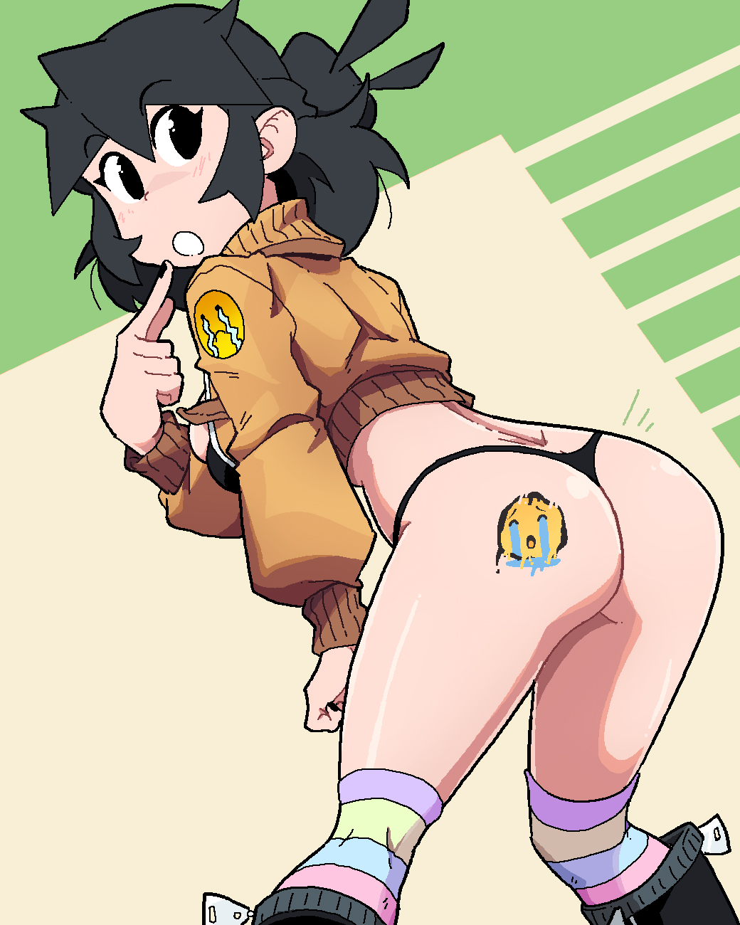 1girl, ass, black_eyes, black_hair, black_panties, brown_jacket, crying_emoji, feet_out_of_frame