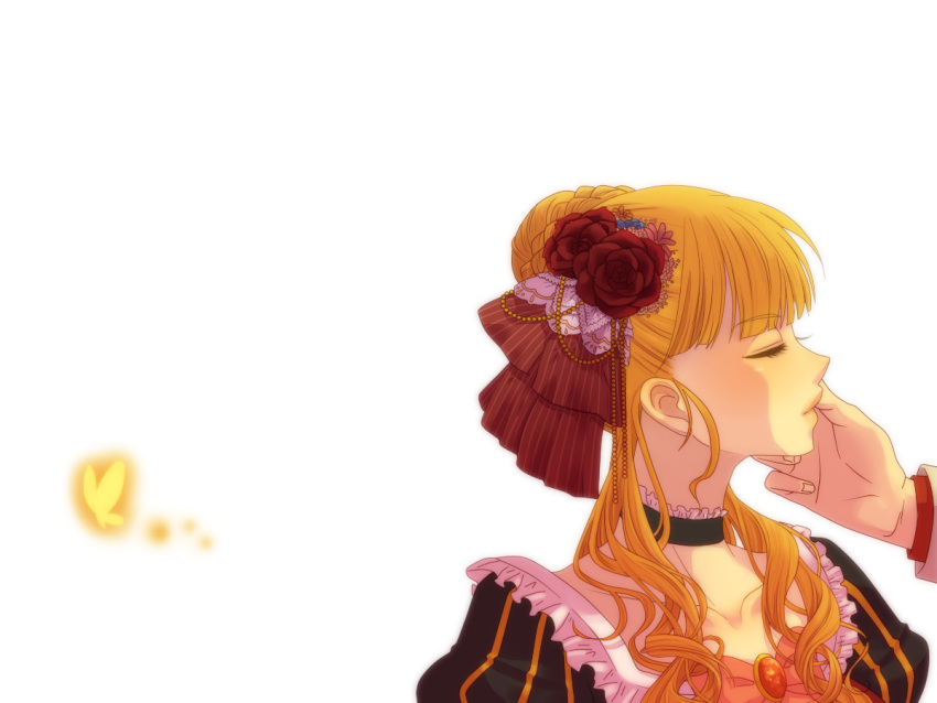 bangs, beatrice, blonde_hair, bow, butterfly, choker, closed_eyes, frills