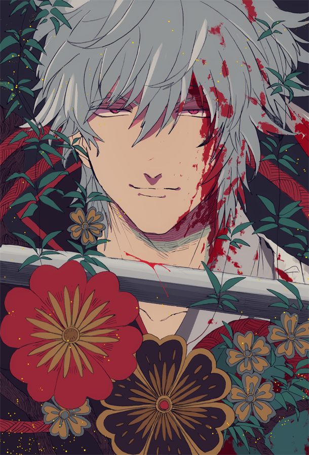 1boy, abx_(kabu), blood, blood_on_face, flower, gintama, grey_hair, plant, red_eyes, sakata_gintoki, short_hair, smile, solo, sword, weapon