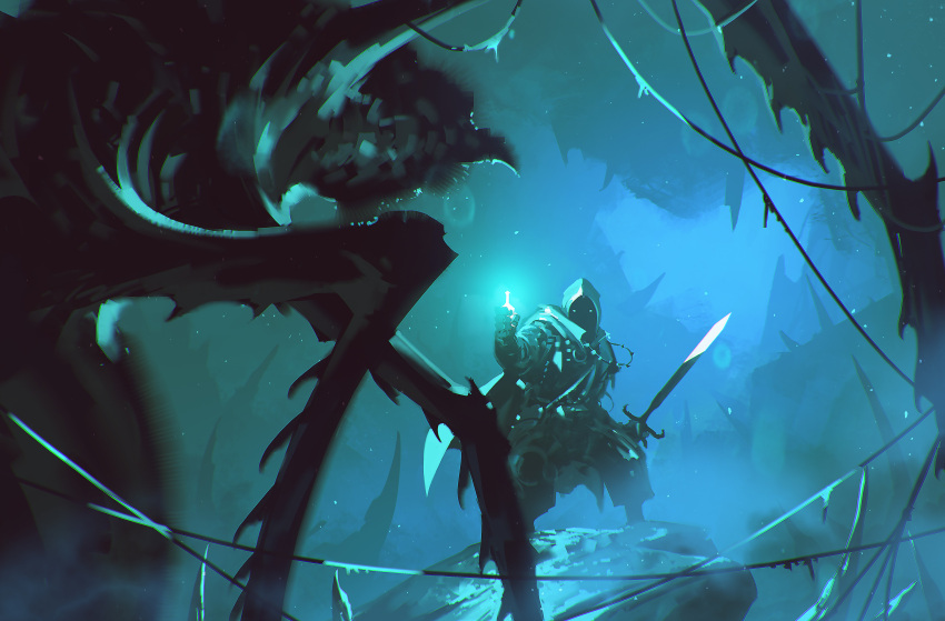 1boy, absurdres, animal, armor, blurry, blurry_foreground, bottle, bug, cape, cave, creature, gloves, glowing, highres, holding, hood, hood_up, hooded_cape, kalmahul, legendarium, male_focus, oversized_animal, pants, samwise_gamgee, shelob_(legendarium), silk, spider, spider_web, sword, the_lord_of_the_rings, weapon
