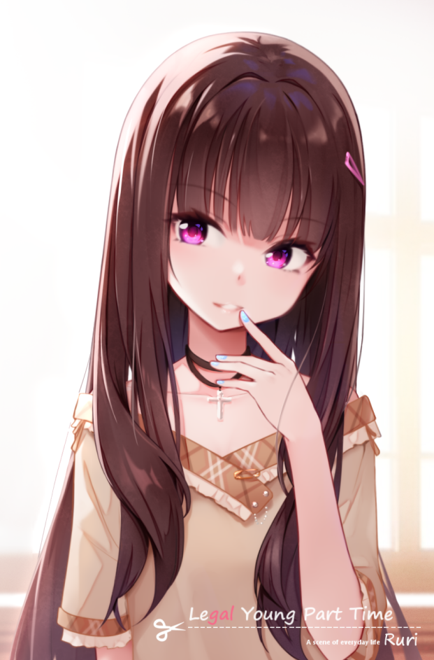 1girl, ai_floverse, blue_nails, brown_hair, brown_shirt, clothes_pin, cross, cross_necklace