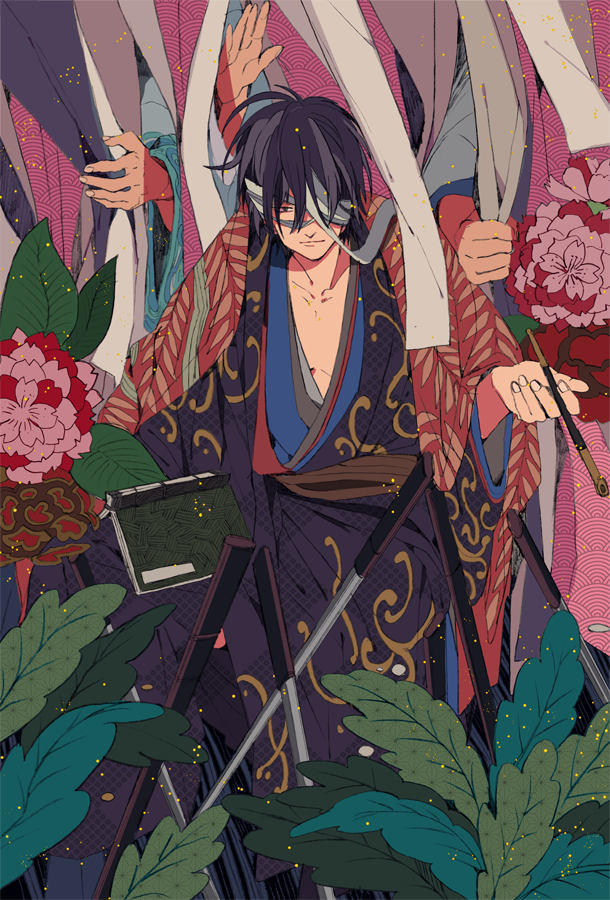 abx_(kabu), bandage_over_one_eye, black_hair, book, curtain_grab, curtains, detached_arms, flower