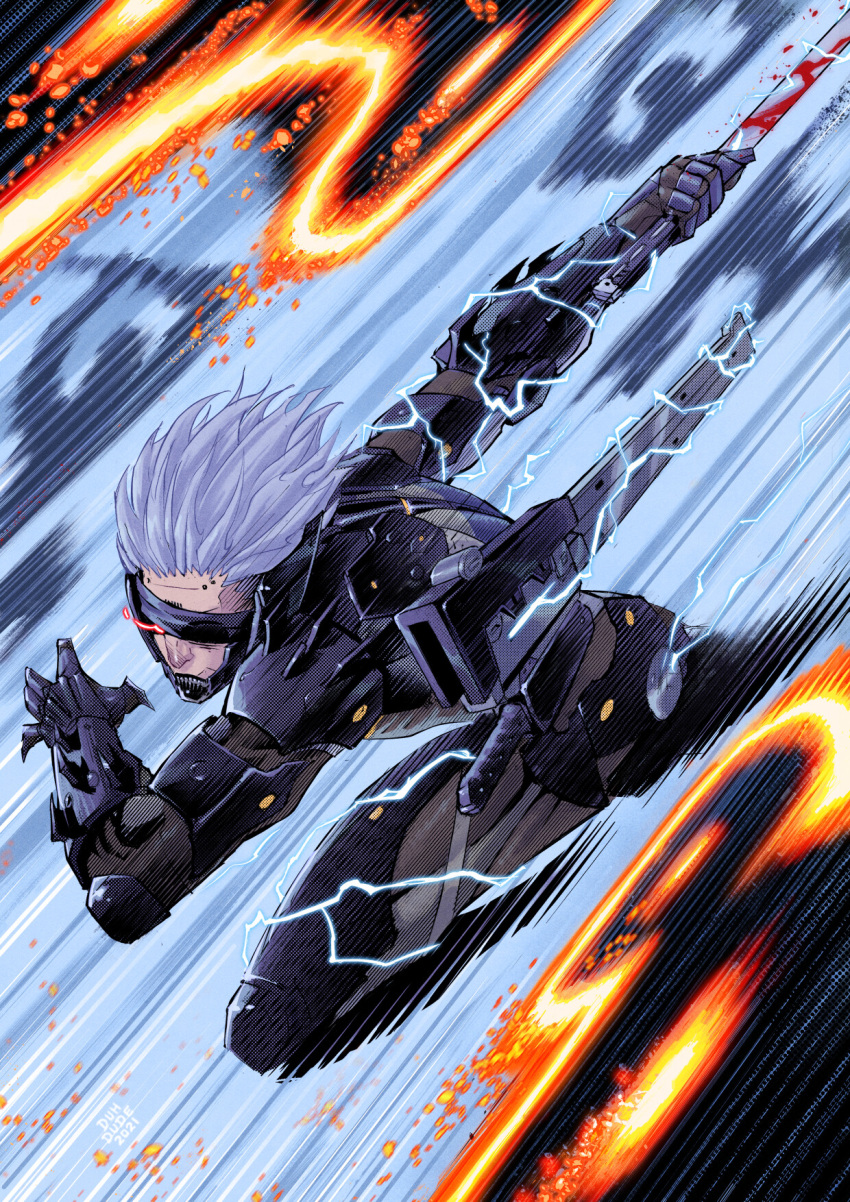 1boy, attack, blood, blood_stain, cyborg, duhdude, electricity, eyepatch, glowing, glowing_eye, grey_hair, highres, incoming_attack, katana, lightning, looking_at_viewer, male_focus, mechanical_arms, metal_gear_(series), metal_gear_rising:_revengeance, one_eye_covered, prosthesis, raiden_(metal_gear), red_eyes, sheath, short_hair, silver_hair, slashing, solo, sword, weapon, white_hair