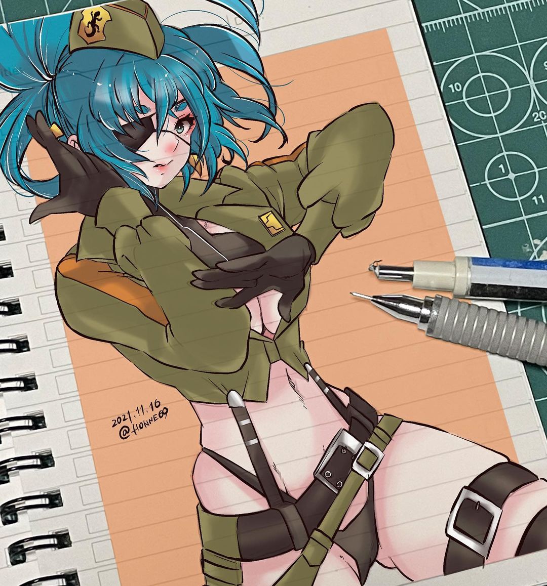 alternate_costume, bangs, belt, black_gloves, blue_eyes, blue_hair, bonet, breasts