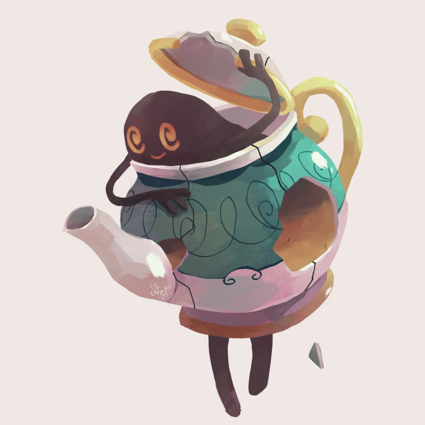 @_@, closed_mouth, commentary_request, crack, full_body, grey_background, highres, hontoni_wasabi